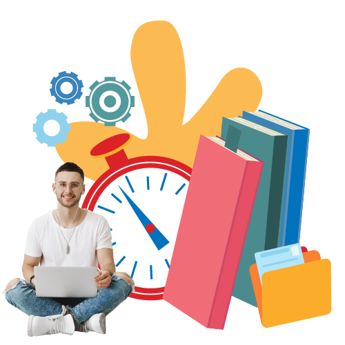 Hombre con portátil con tiempo y libros