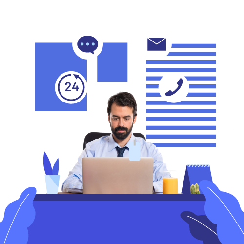 Hombre con portátil con iconos detrás