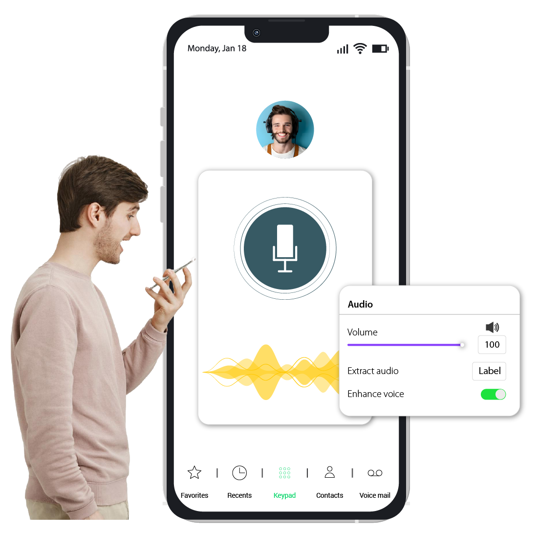 Man talking on phone with recording symbol on screen