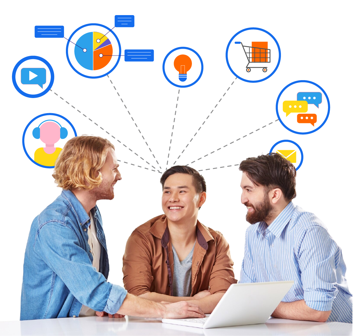 People talking with icons above them