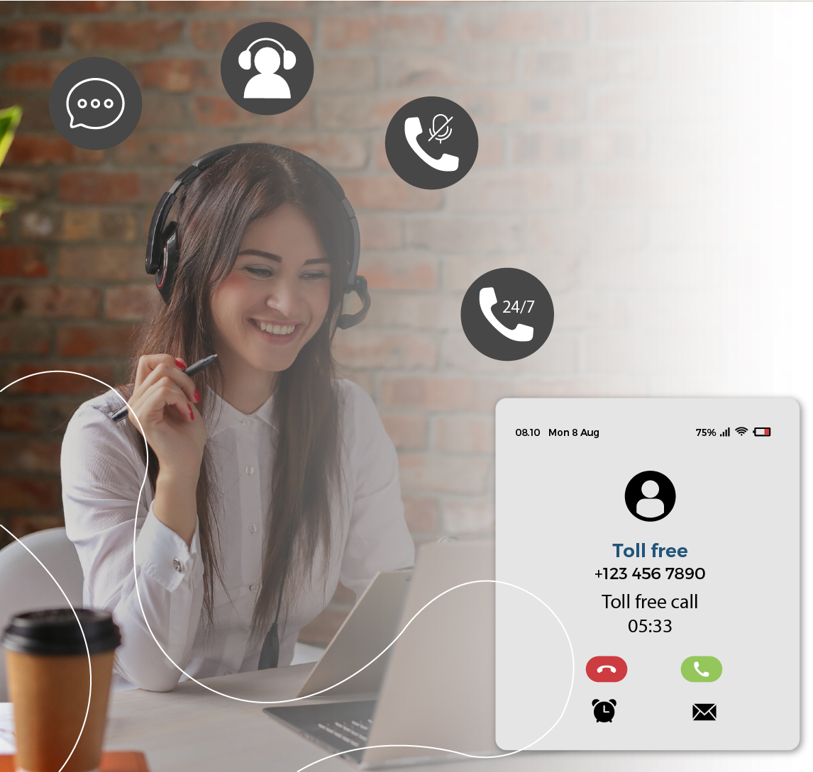 Woman on phone with icons around her
