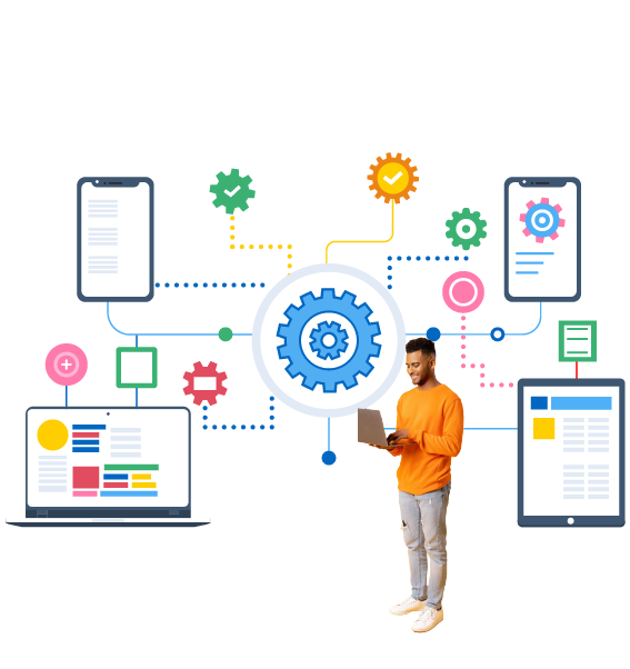 Man with laptop and icons around him