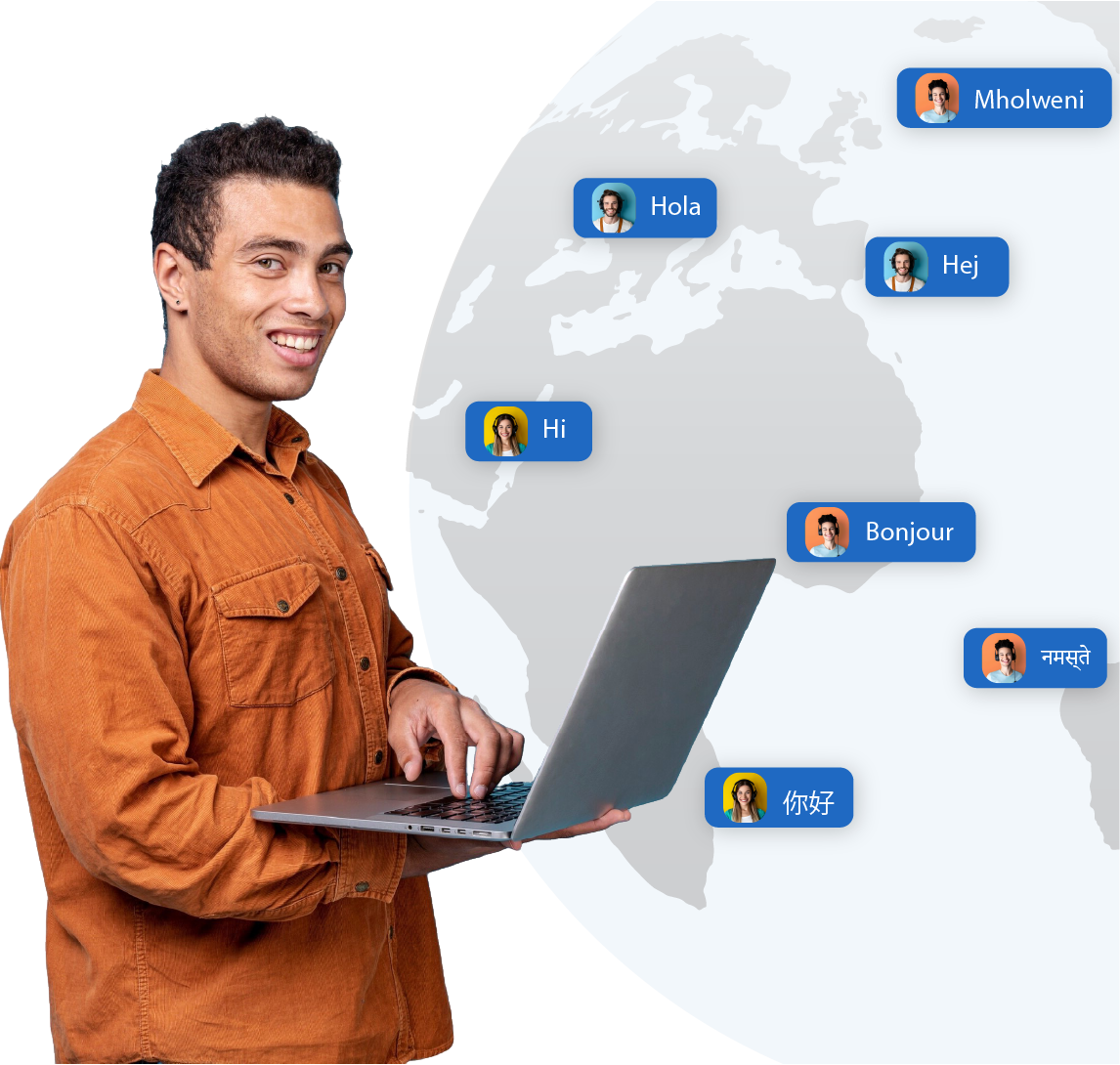 Man with laptop and icons around him