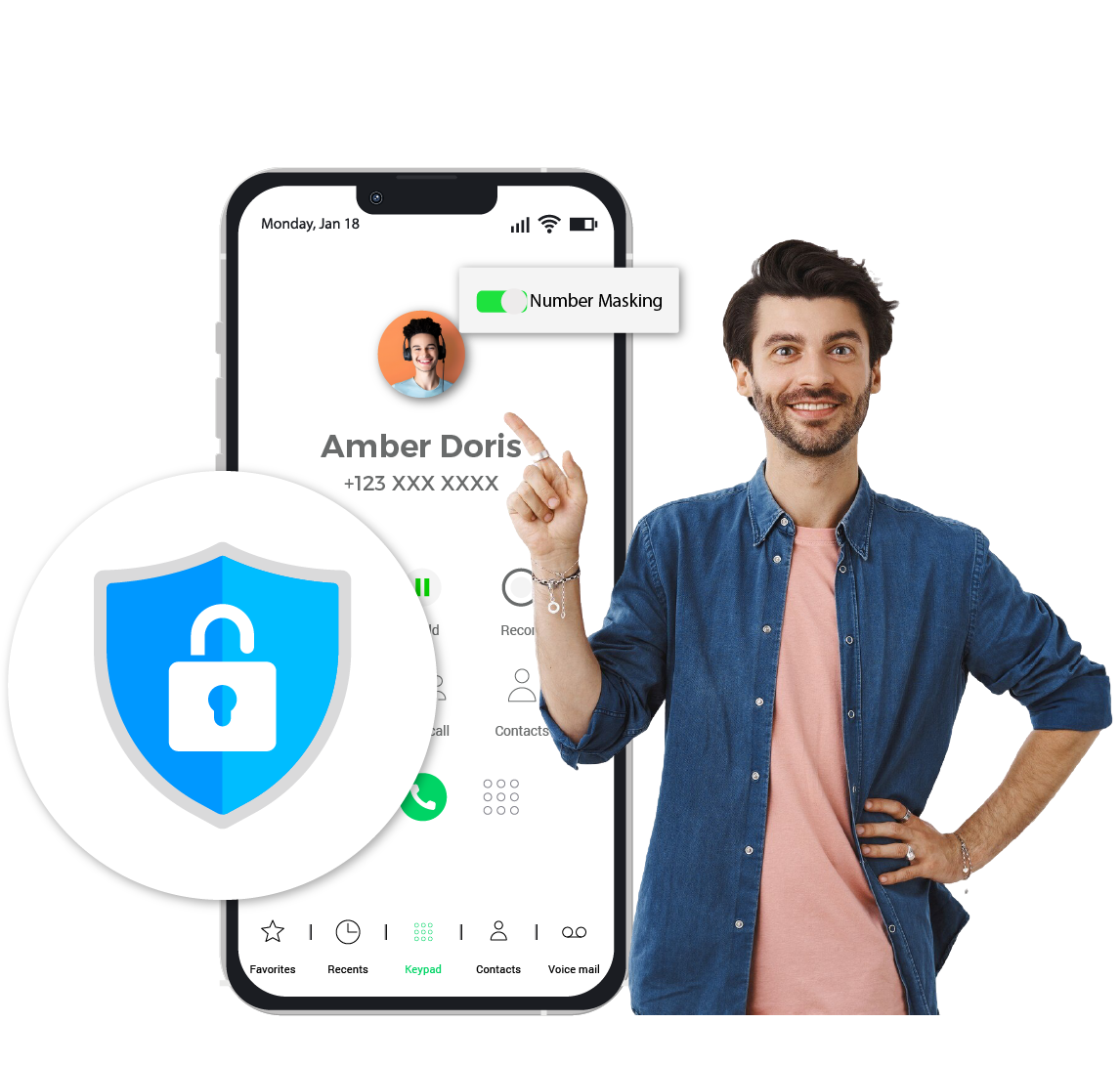 Mobile screen and a man with secure symbol