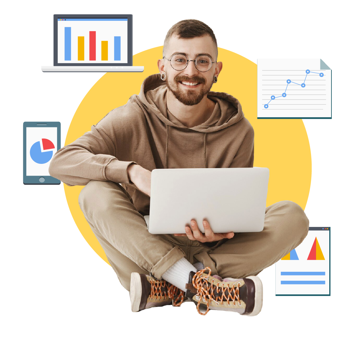 Mobile with laptop with icons around him
