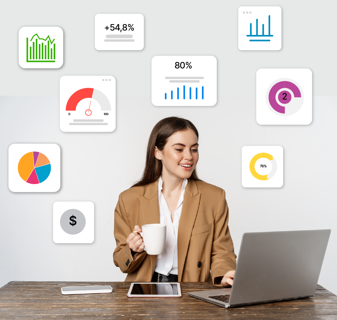 Woman on laptop with icons around her