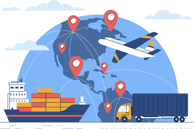 Globe with points connected, along with ship truck and plane